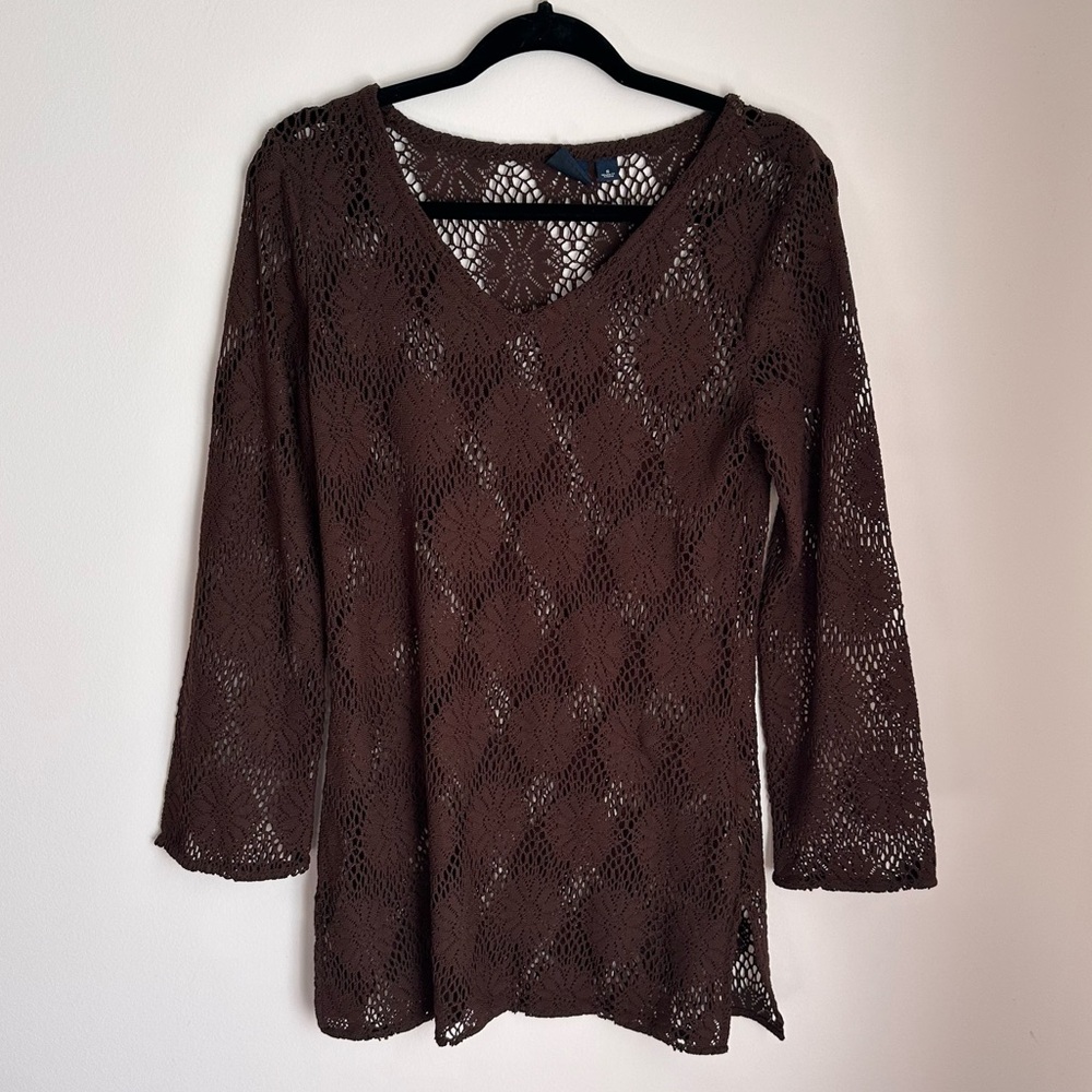 Bell Sleeve Chocolate Brown Floral Crochet Style See-Through Sweater Size Small
